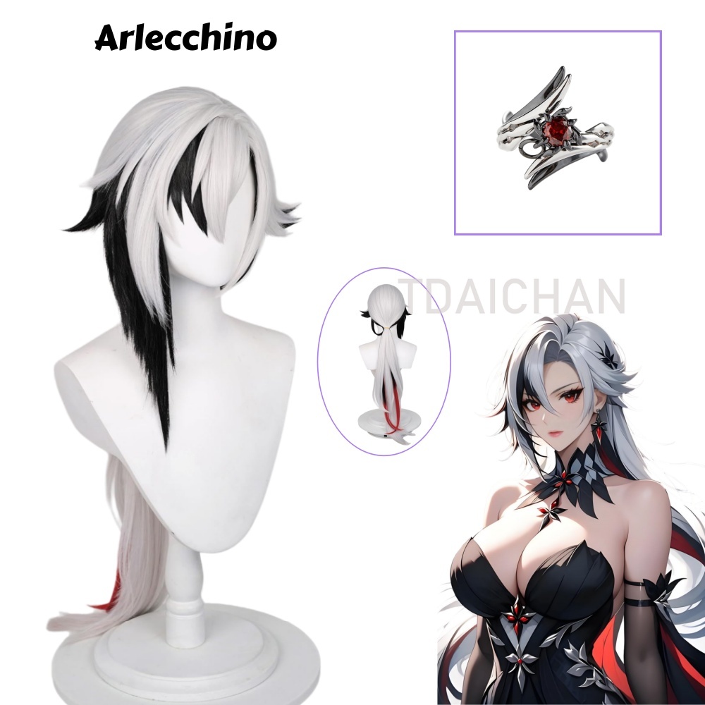 Anime Cosplay Wig Heat Resistant - 原神アレッキーノコスプレウィッグロングシルバーブラックグラデーションアニメリング耐熱人工毛女性用パーティー小道具
