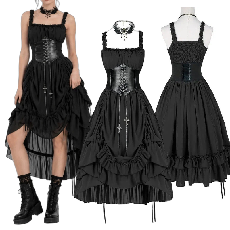 Medieval Renaissance Dress Women - 女性ゴシックドレスコルセットスリップブラックパンクロリータ不規則なフリルミディドレスヴィンテージパーティーイブニング Vestidos ハロウィンコスチューム